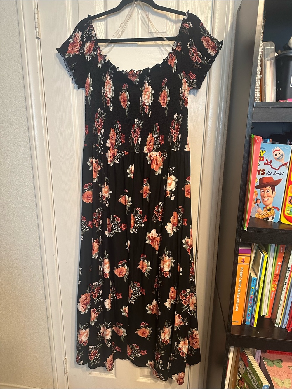 Girls Black Floral Off-Shoulder Midi Dress